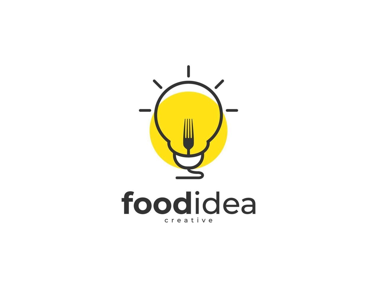 logo creativo idea cibo con design a bulbo e forchetta vettore