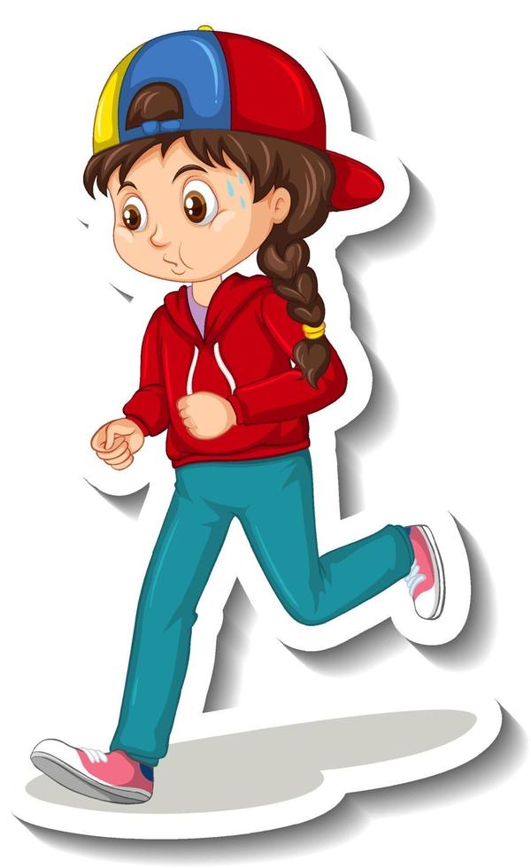 adesivo personaggio dei cartoni animati con una ragazza che fa jogging su sfondo bianco vettore