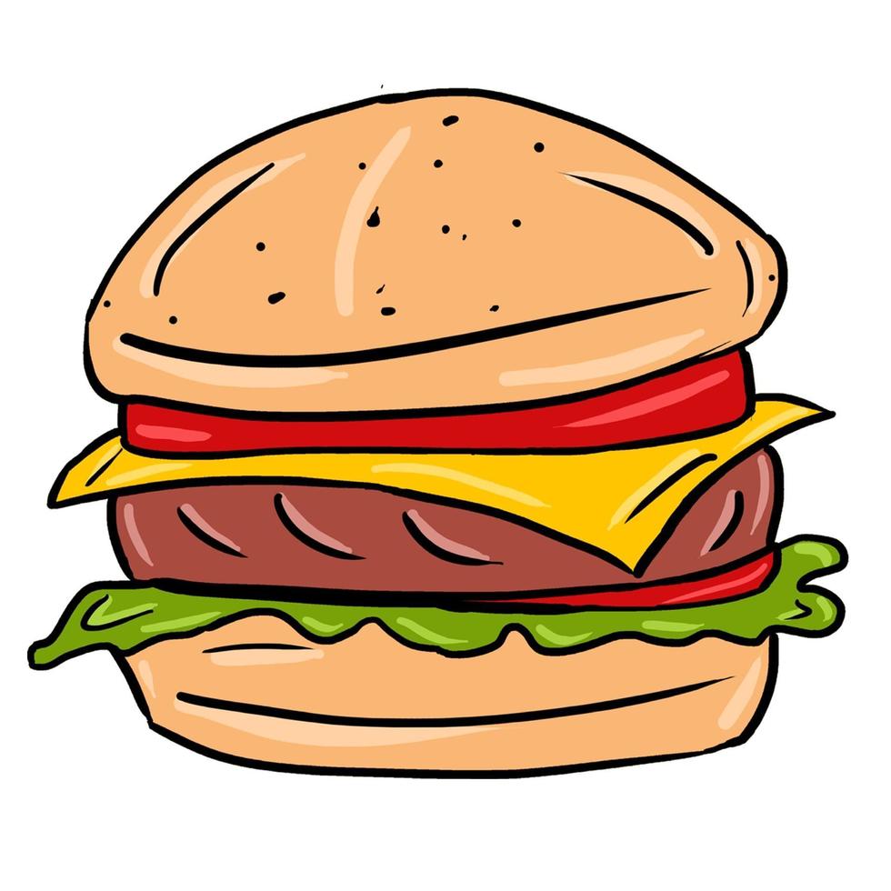 illustrazione disegnata a mano colorata di vettore dell'hamburger isolata