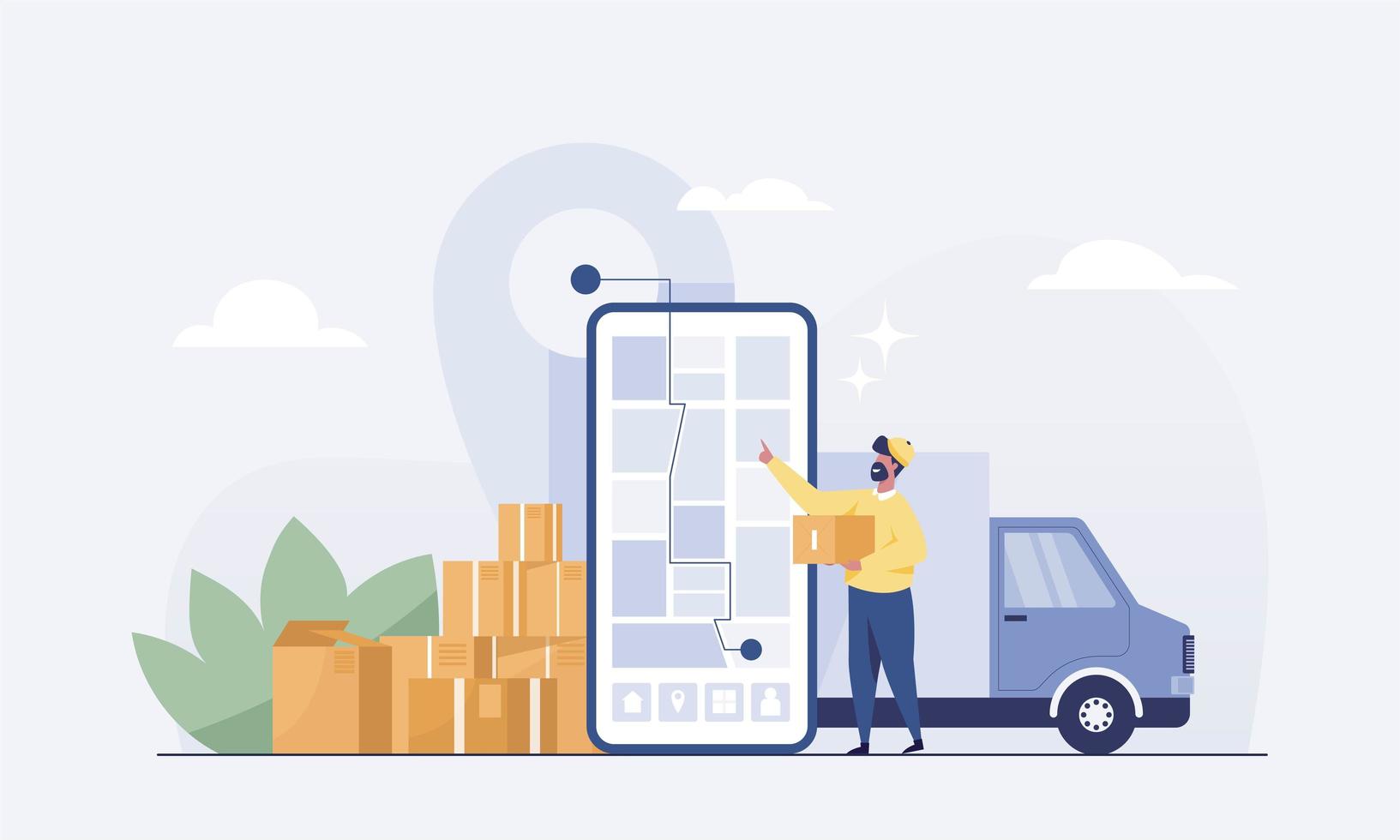 il personale consegna le merci in auto ai clienti sull'app mobile. vettore