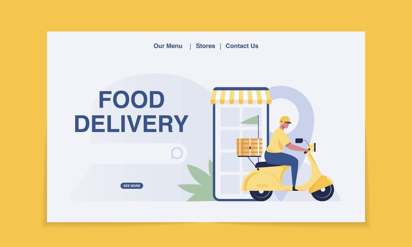 pagina di destinazione della consegna. consegna cibo in scooter. illustrazione vettoriale