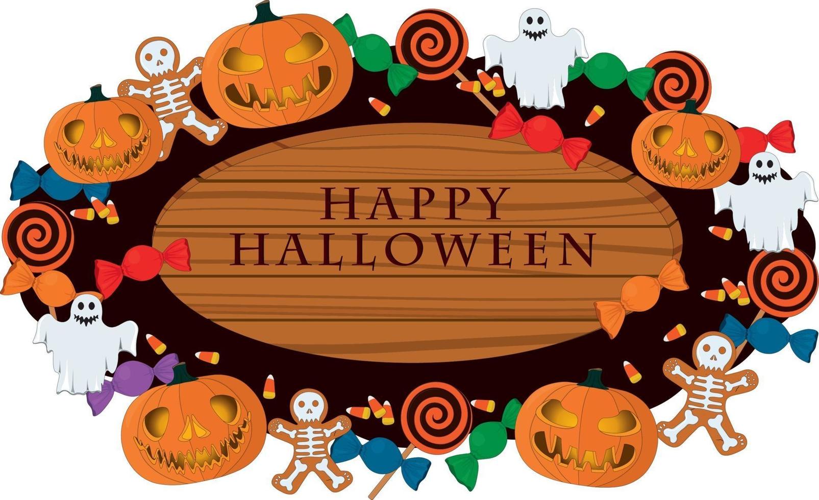 cartello in legno happy halloween decorato con zucche e dolci vettore