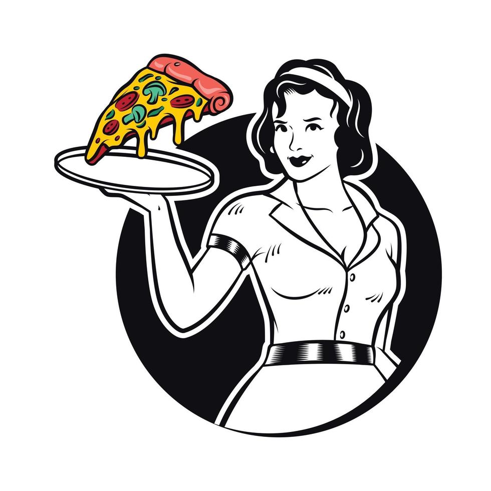 retro cameriera che serve pizza clipart illustrazione vettore