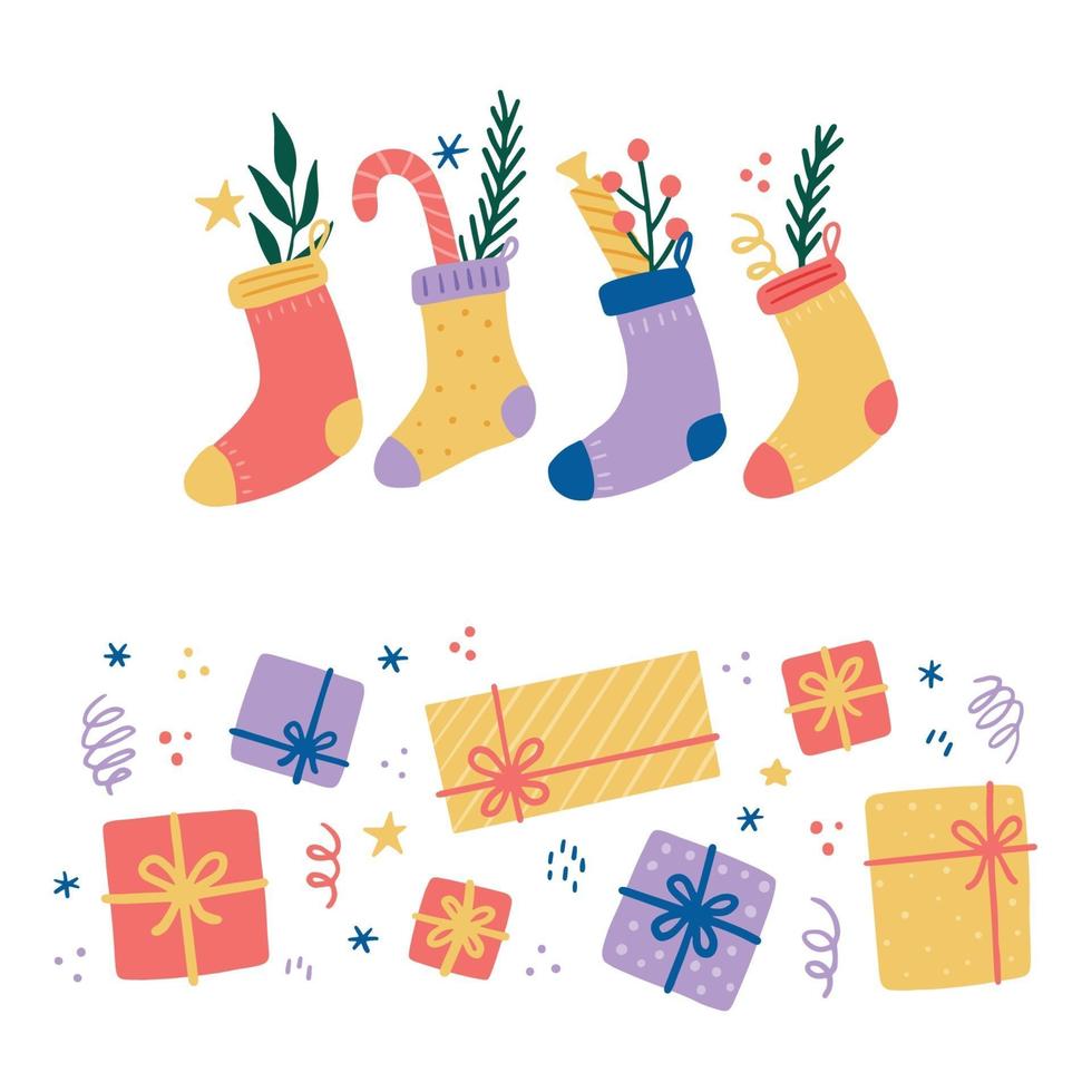 elementi natalizi con confezione regalo, pacchetto, calzino, caramelle vettore