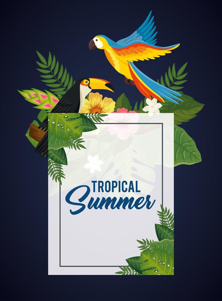 poster estivo tropicale con pappagallo e tucano vettore
