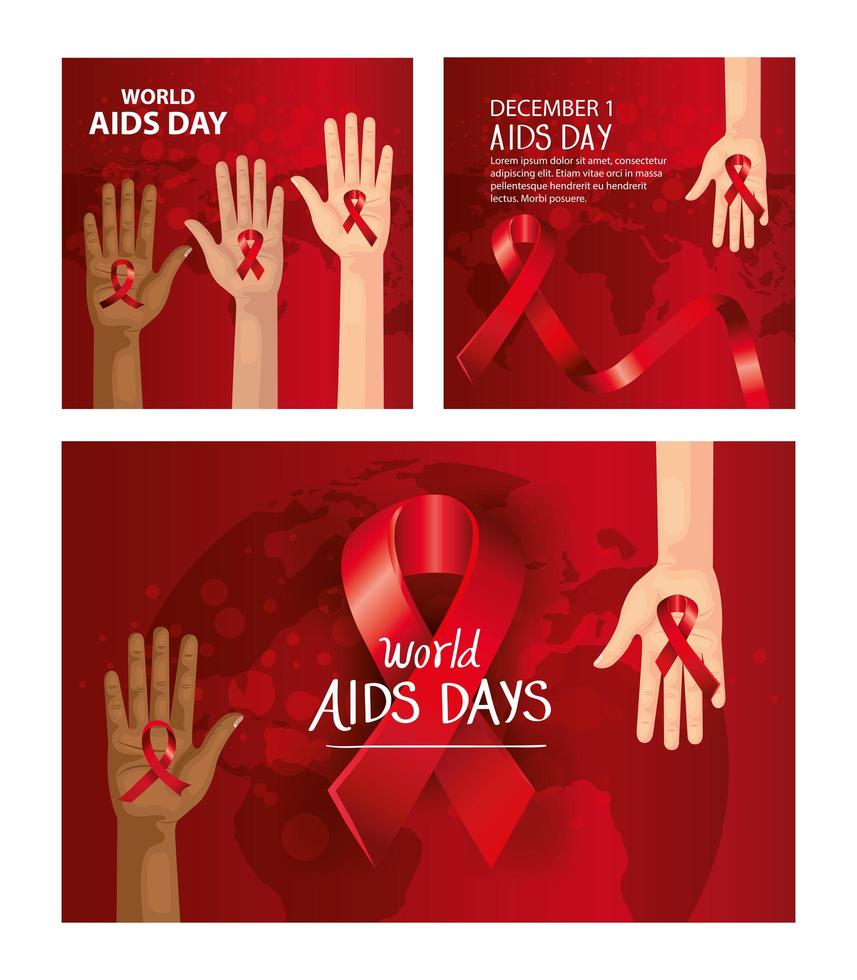 set poster della giornata mondiale contro l'aids con decorazioni vettore