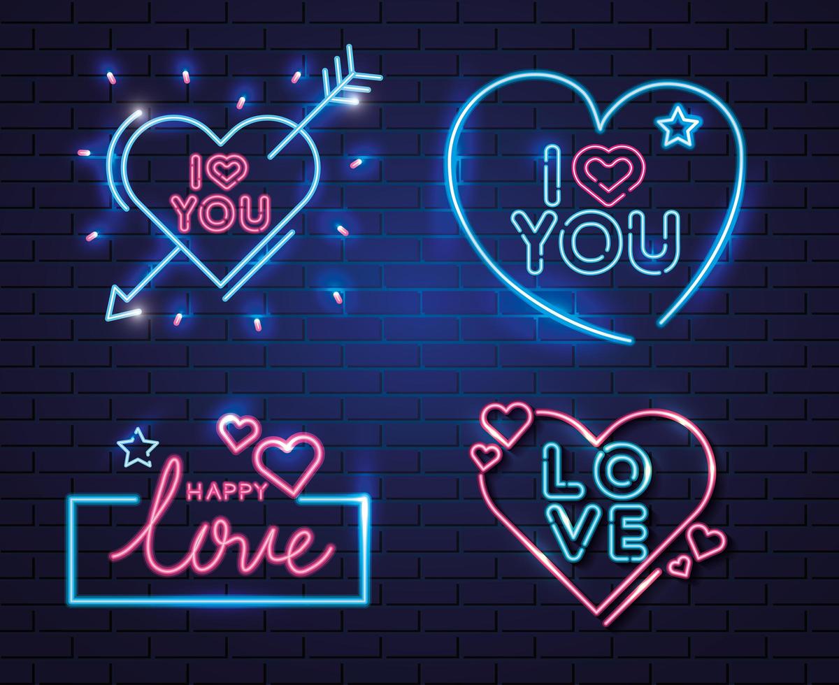 set di scritte di luce al neon per san valentino vettore