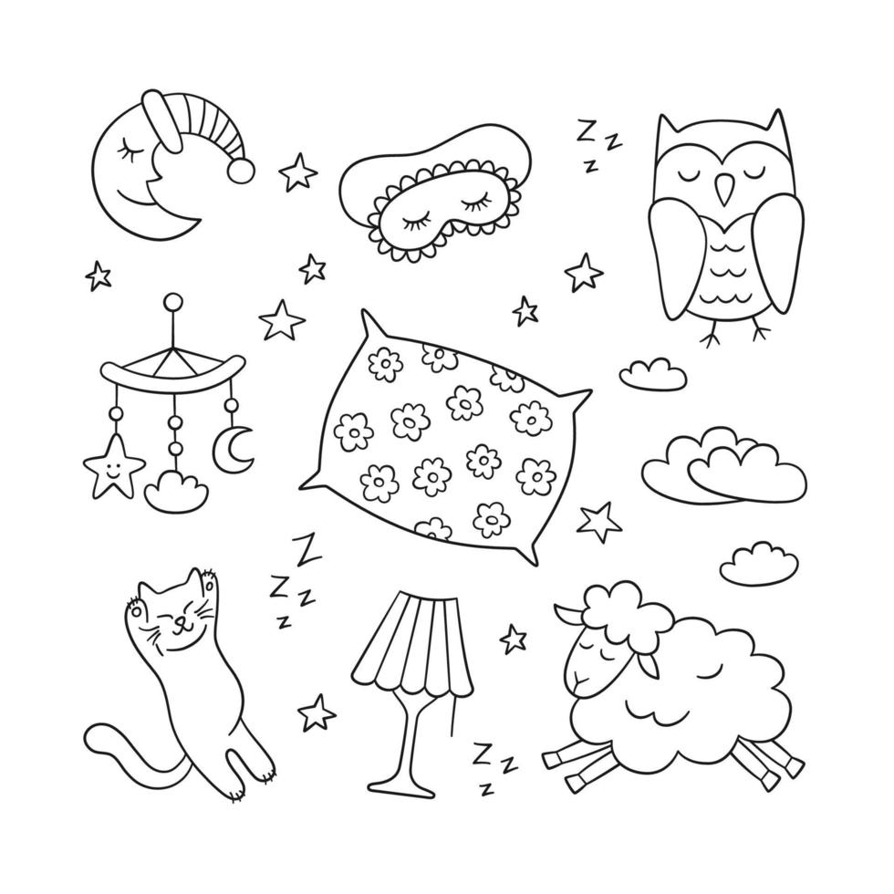 sonno impostato in stile scarabocchio. simboli della buona notte luna, lampada, gatto, cuscino vettore