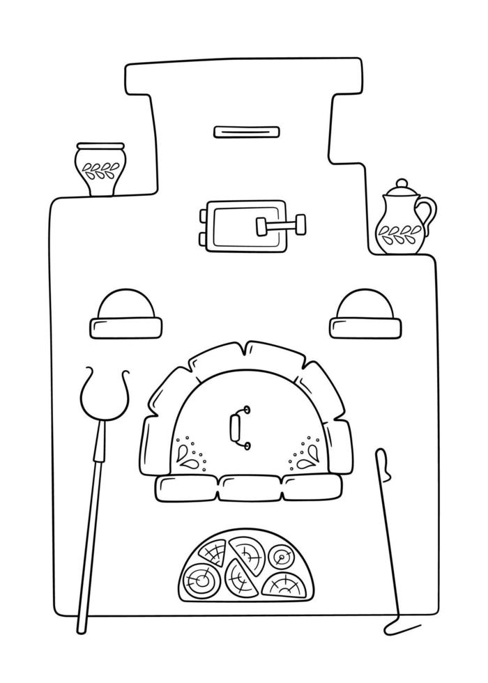 stufa russa tradizionale disegnata a mano con impugnatura, pentole, poker vettore