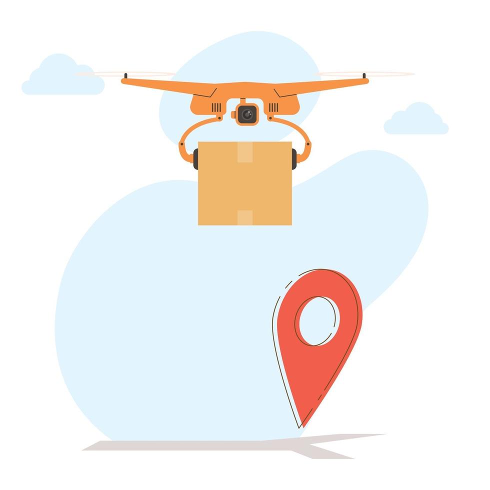drone di consegna che vola con la scatola del pacchetto e il simbolo della posizione vettore