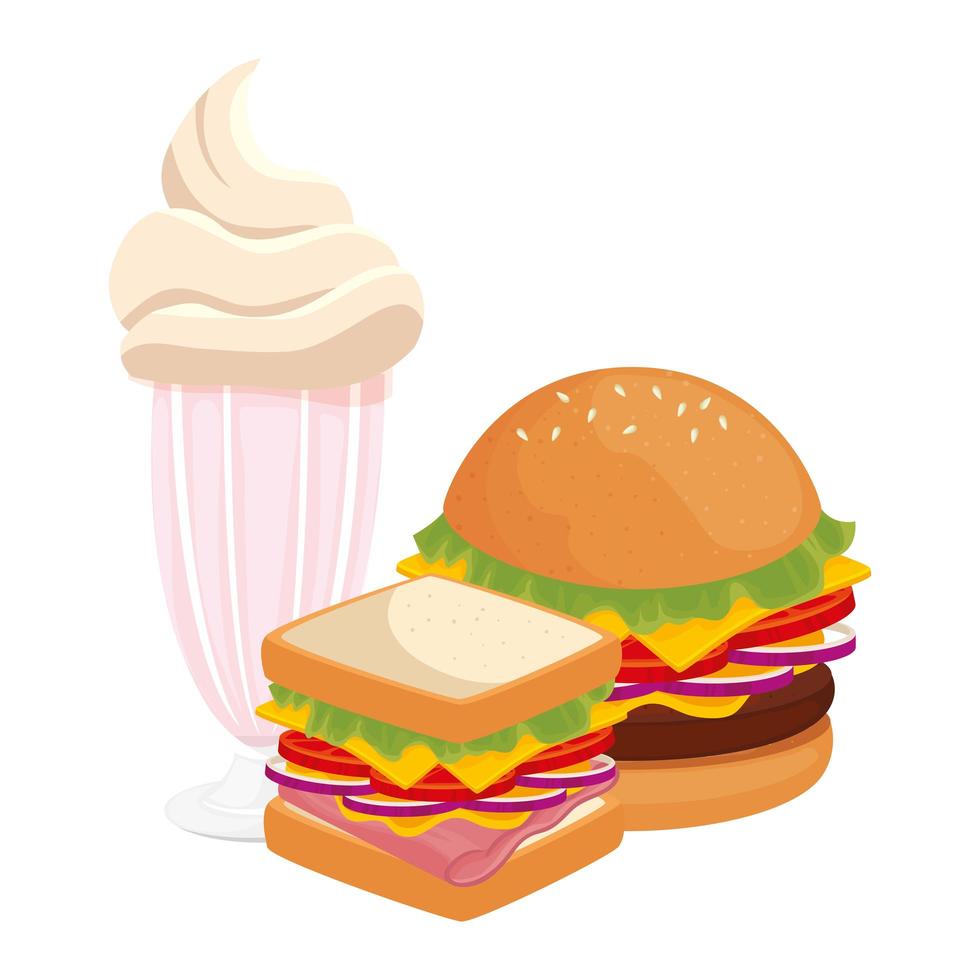 delizioso hamburger con icona di fast food sandwich e milkshake vettore