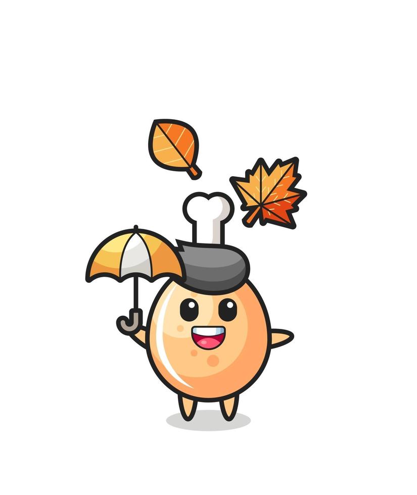cartone animato del simpatico pollo fritto con ombrello in autunno vettore