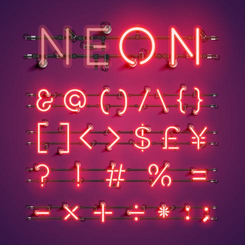 Set di caratteri al neon realistico giallo con fili e console, illustrazione vettoriale