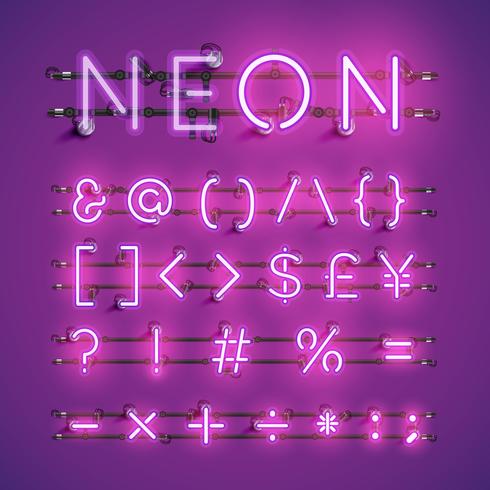 Set di caratteri al neon realistico giallo con fili e console, illustrazione vettoriale