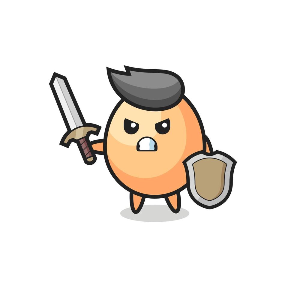 simpatico uovo soldato che combatte con spada e scudo vettore