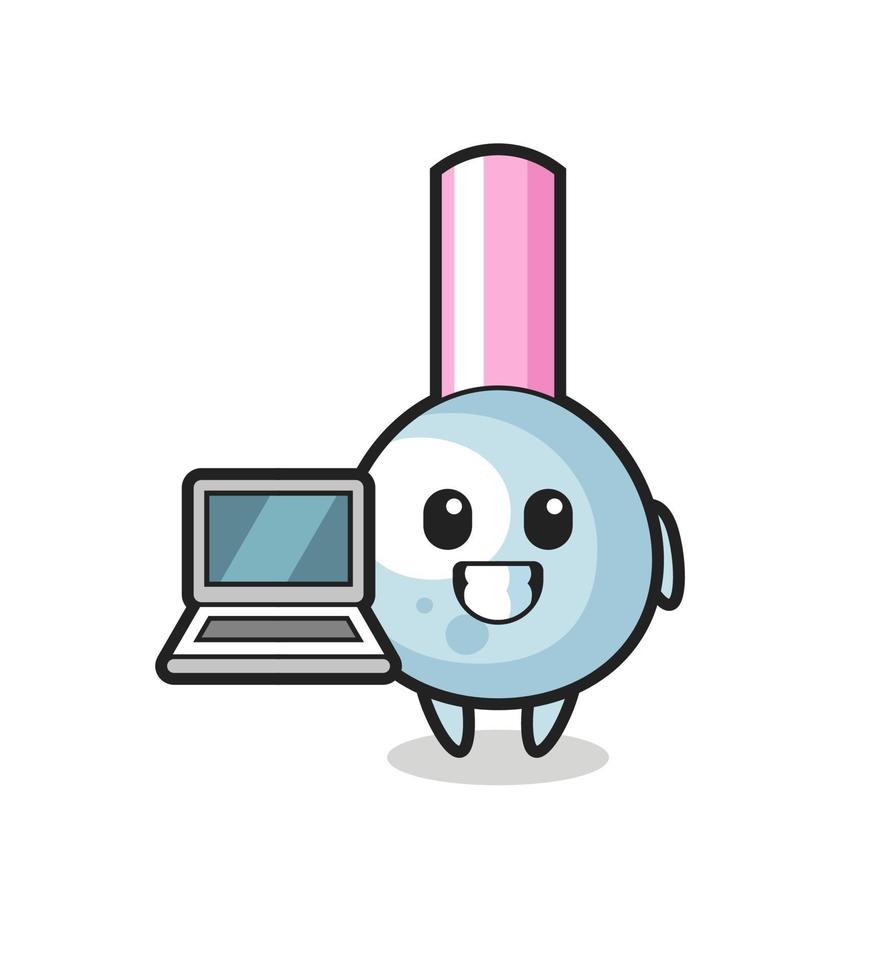 illustrazione mascotte di cotton fioc con un laptop vettore