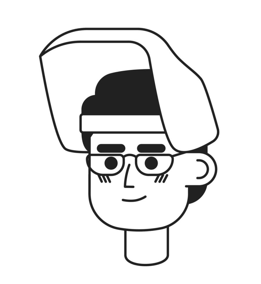 asiatico adulto uomo saldatore maschera nero e bianca 2d vettore avatar illustrazione. occhiali maschio artigiano casco schema cartone animato personaggio viso isolato. operaio piatto utente profilo Immagine, ritratto