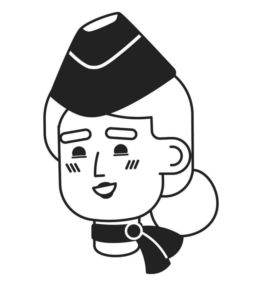 sorridente indiano hostess berretto nero e bianca 2d vettore avatar illustrazione. volo assistente femmina Sud asiatico schema cartone animato personaggio viso isolato. amichevole piatto utente profilo Immagine, ritratto