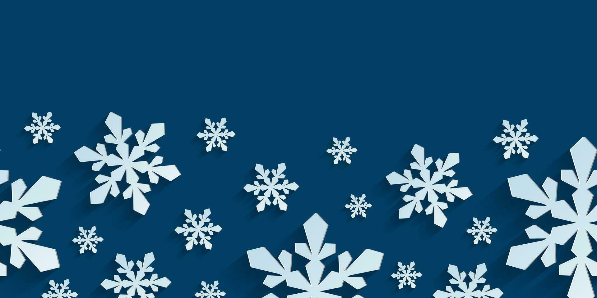 senza soluzione di continuità orizzontale modello con carta tagliare fiocchi di neve. Natale design 3d illustrazione su blu colorato sfondo per presentazione, striscione, coperchio, ragnatela, volantino, carta, saldi, manifesto e sociale media. vettore