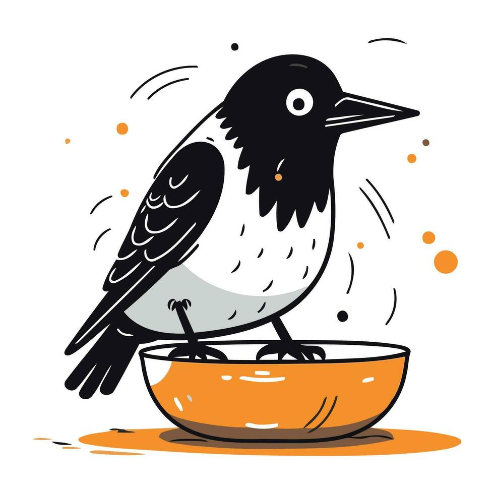 corvo mangiare a partire dal un' ciotola. vettore illustrazione nel cartone animato stile.