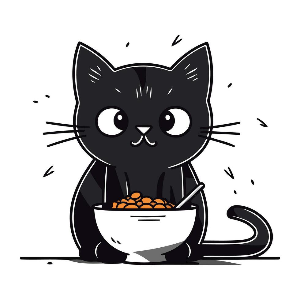 carino nero gatto mangiare a partire dal ciotola di cereali. vettore illustrazione.