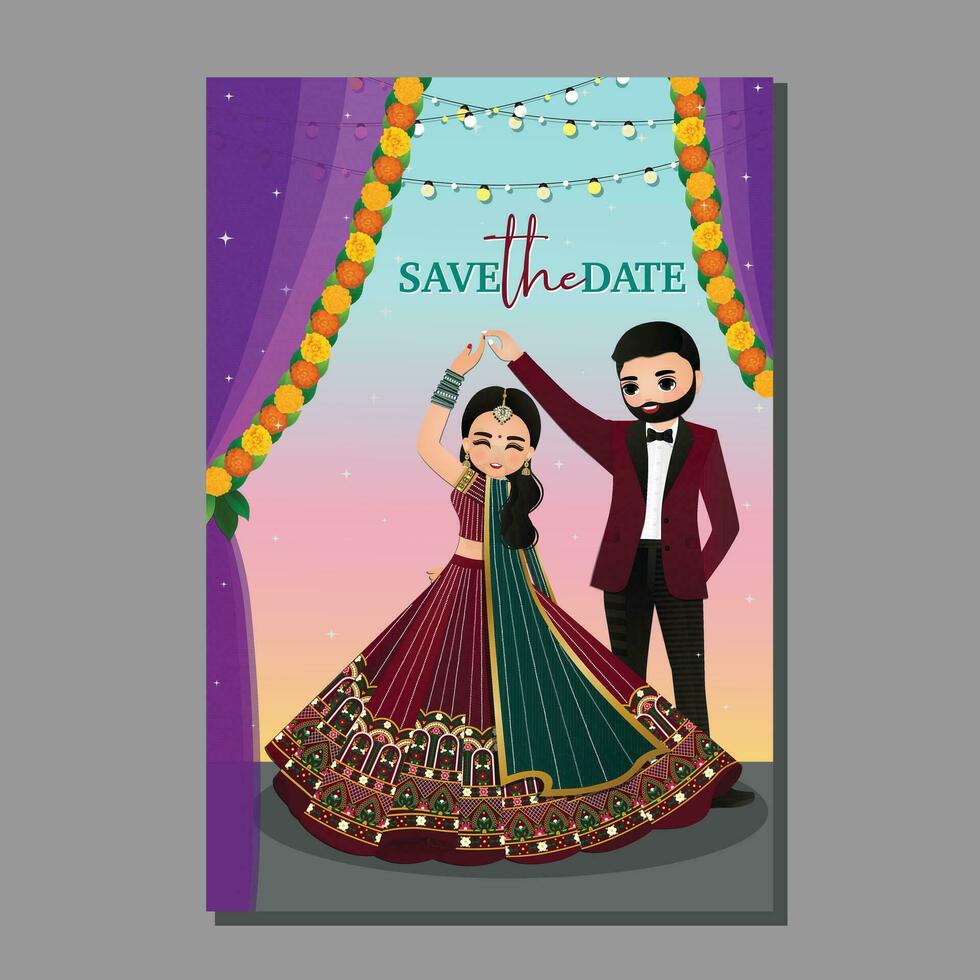 carta di invito a nozze la coppia carina sposa e sposo nel personaggio dei cartoni animati vestito tradizionale indiano vettore