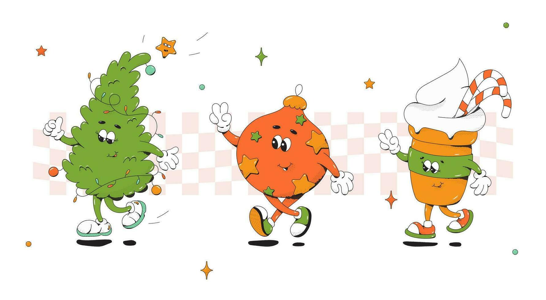 Natale Groovy personaggi. albero palla e tazza. vettore