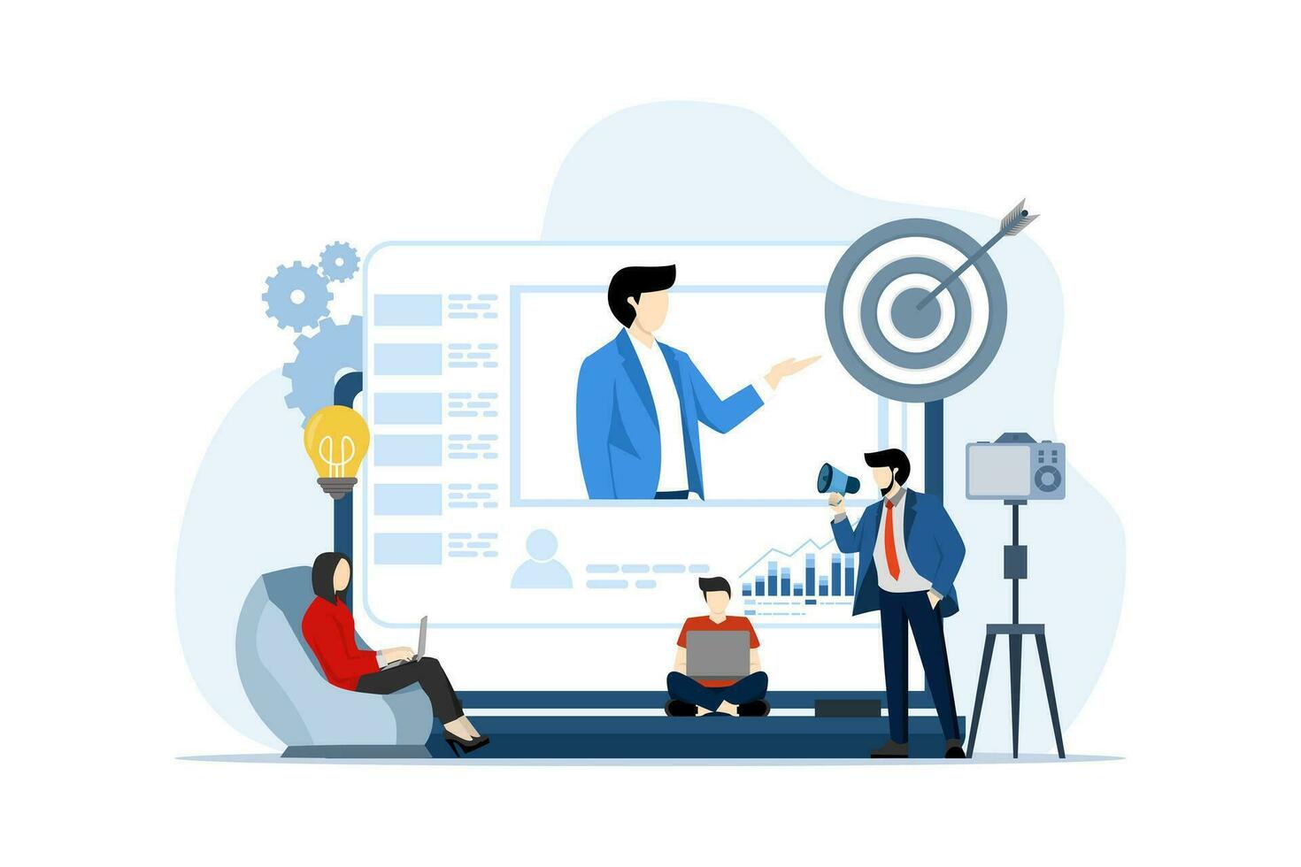 video marketing concetto, marketing strategia, attività commerciale, notizia, promozione, promo, corso, sostegno, annunciando un' promozione o comunicare con dipendenti, Comunità o organizzazione discorso. vettore