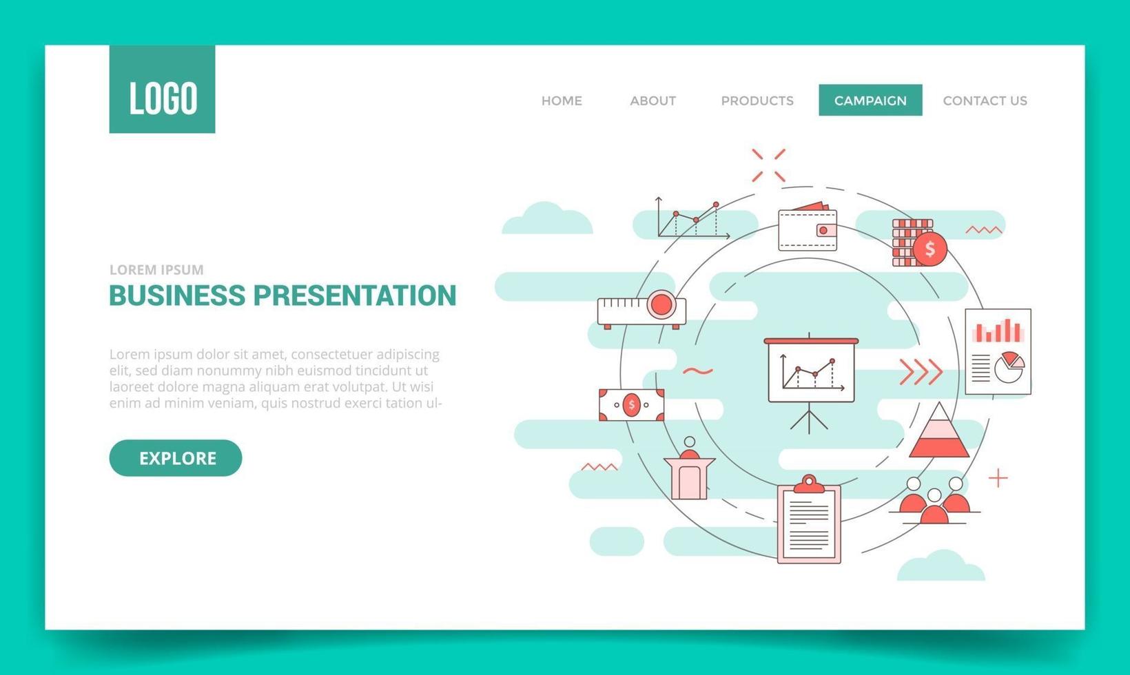 concetto di presentazione aziendale con icona cerchio per modello di sito web vettore