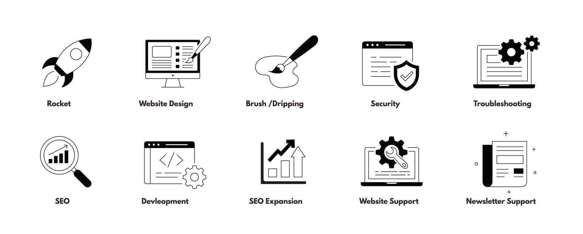 digitale crescita essenziali. comprende vitale elementi per in linea successo, Compreso SEO espansione, sito web sostegno, notiziario assistenza, risoluzione dei problemi, sicurezza le misure, sviluppo e di più. vettore