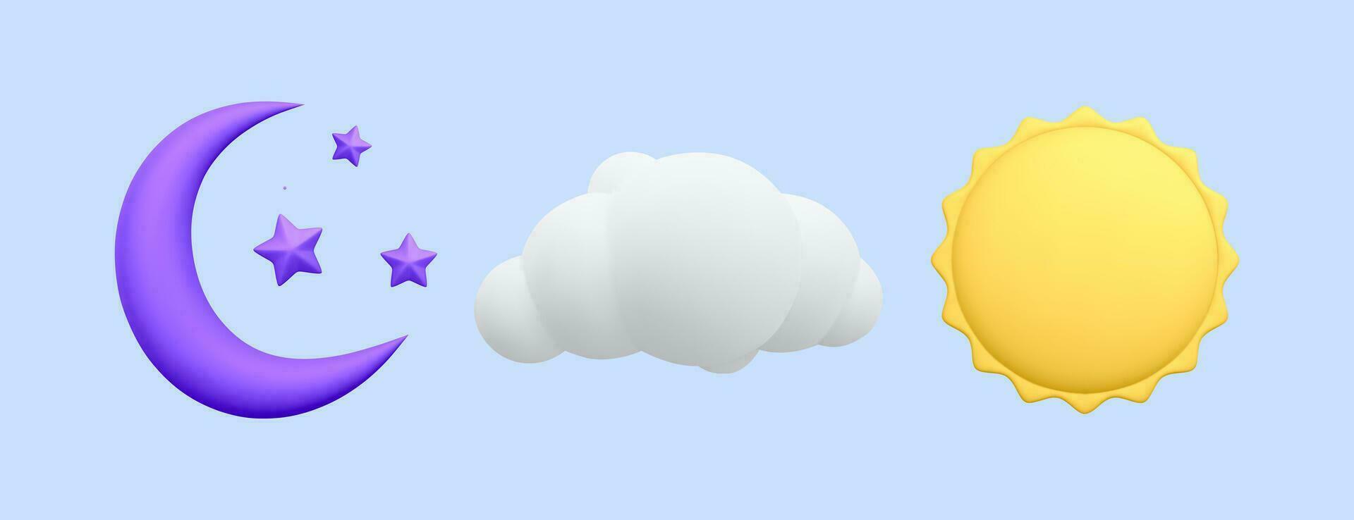 3d realistico tempo metereologico icone impostato isolato su blu sfondo. viola mezzaluna Luna con stelle, nube e giallo sole nel cartone animato stile. vettore illustrazione