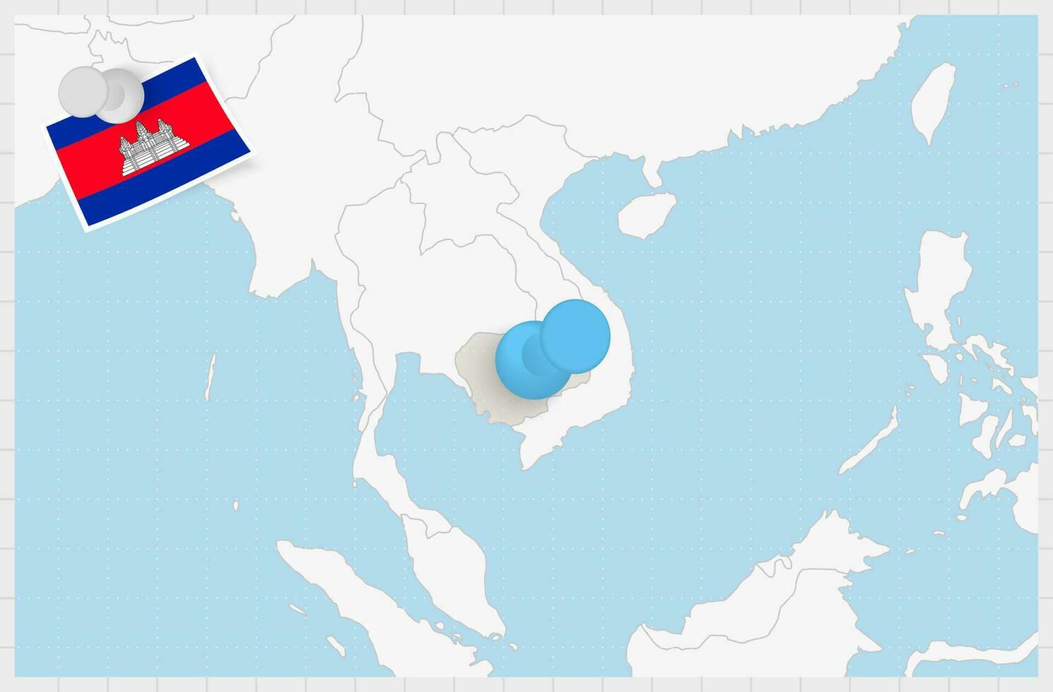 carta geografica di Cambogia con un' appuntato blu spillo. appuntato bandiera di Cambogia. vettore