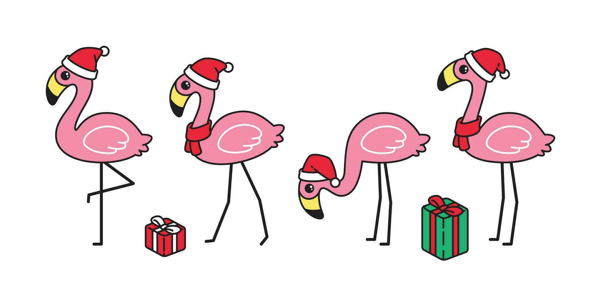 fenicottero vettore Natale icona Santa Claus cappello regalo scatola uccello cartone animato personaggio animale esotico natura selvaggio fauna illustrazione scarabocchio design