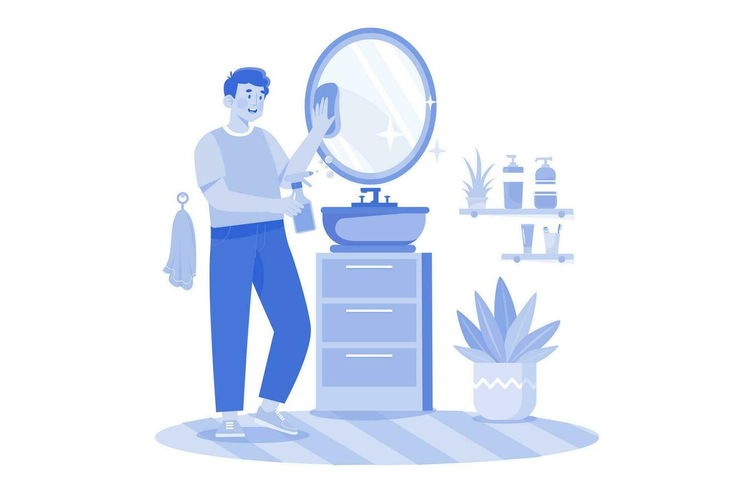 uomo pulizia specchio nel il bagno vettore
