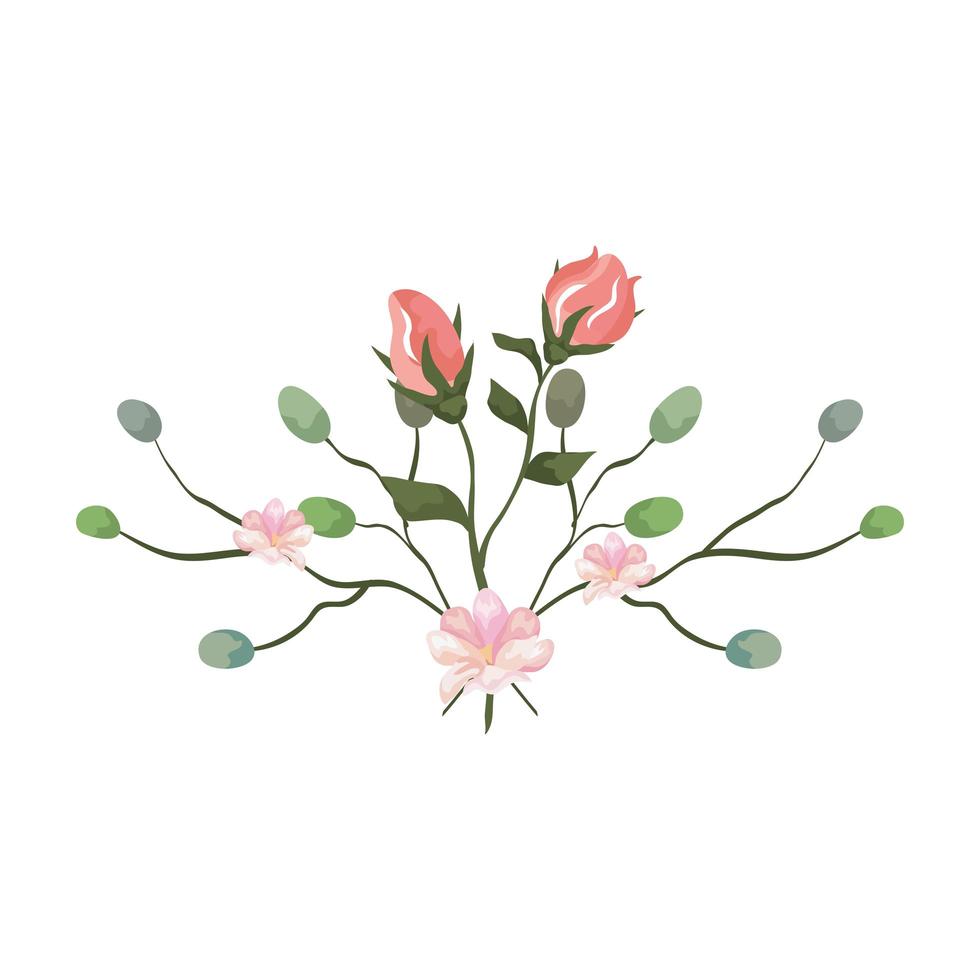 fiori carini con rami e foglie icona isolato vettore