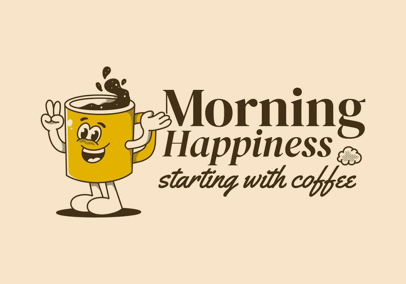 mattina felicità di partenza con caffè. Vintage ▾ portafortuna personaggio di caffè boccale con contento viso vettore