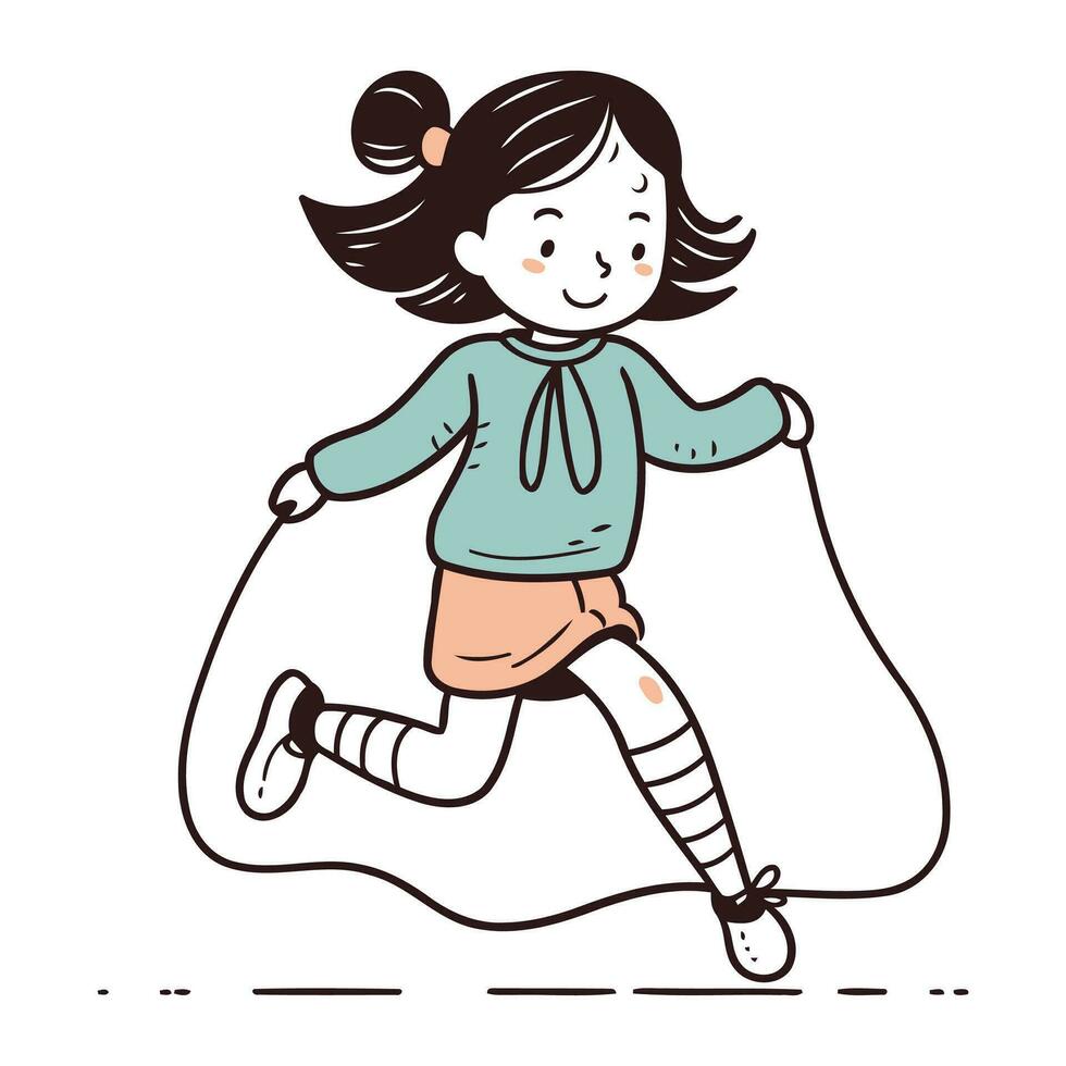 poco ragazza in esecuzione con saltare corda. vettore illustrazione nel cartone animato stile.