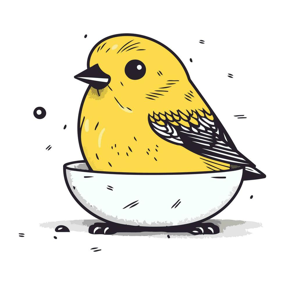 carino poco giallo uccello nel un' ciotola. mano disegnato vettore illustrazione.