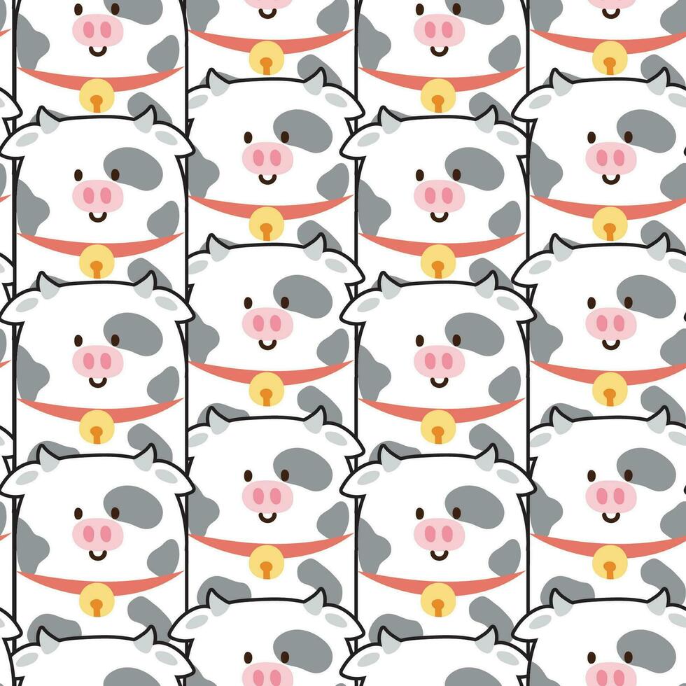 ripetere.senza soluzione di continuità modello di carino Sorridi viso mucca background.farm animale personaggio cartone animato design.milk.immagine per carta, poster, adesivo, bambino abbigliamento.kawaii.vettore.illustrazione. vettore