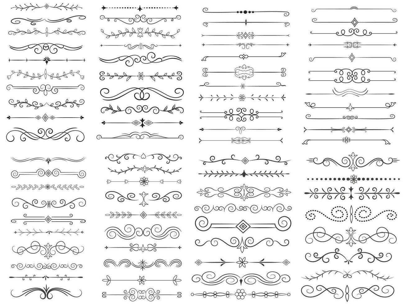 pagina divisore e design elementi. impostato di vario semplice nero divisore disegno, assortito divisore collezione modello vettore. collezione di floreale divisori elementi mega decorazione per calligrafia. vettore