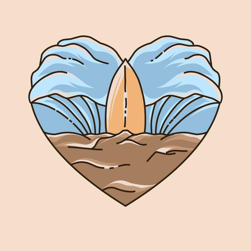 tavola da surf nel il forma di un' cuore su il spiaggia vettore