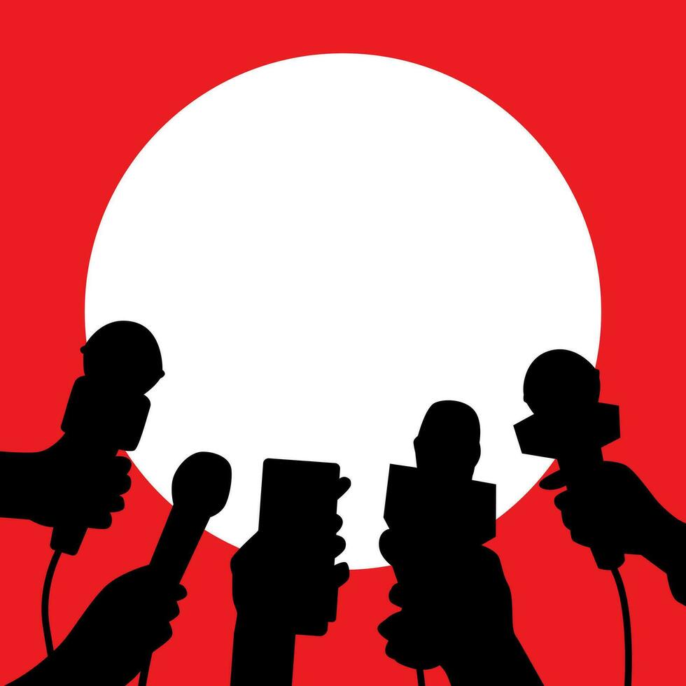 silhouette di stampa conferenza, media colloquio, giornalista microfono. vettore illustrazione