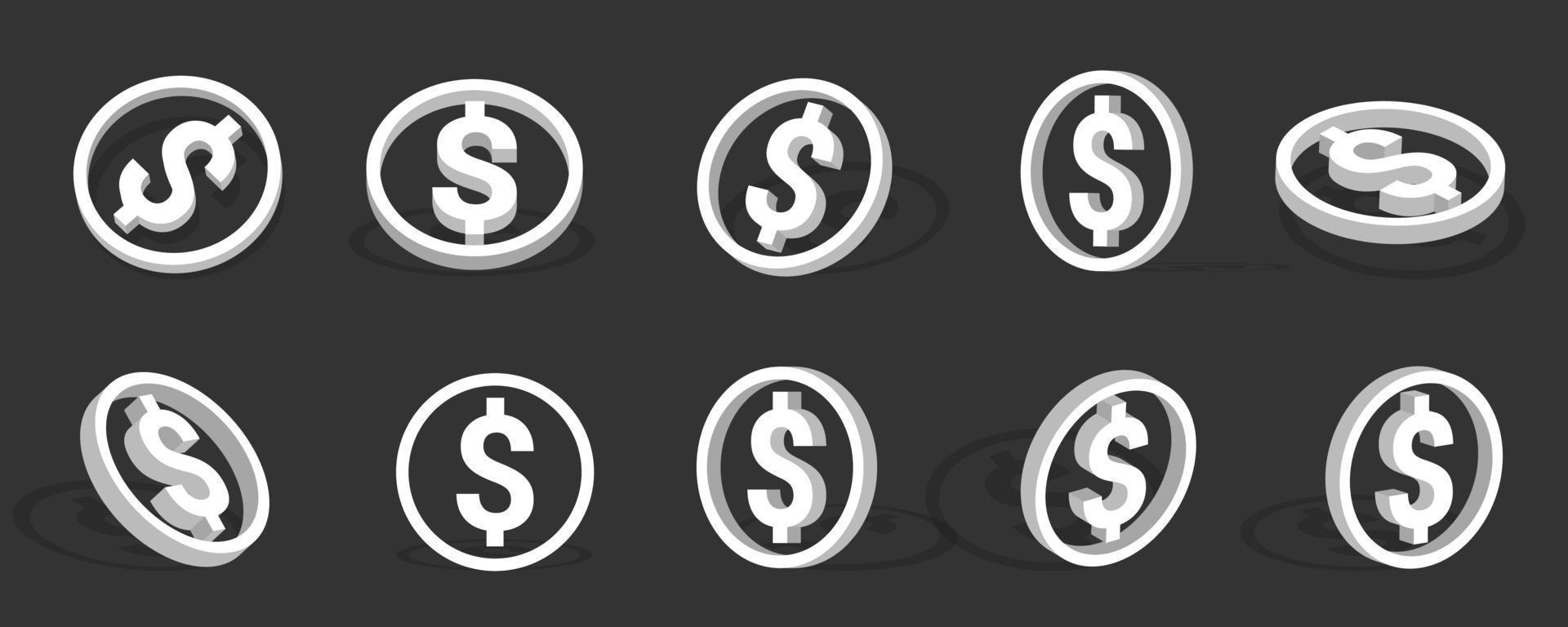 illustrazione dell'icona 3d dollaro bianco con diverse viste e angoli vettore