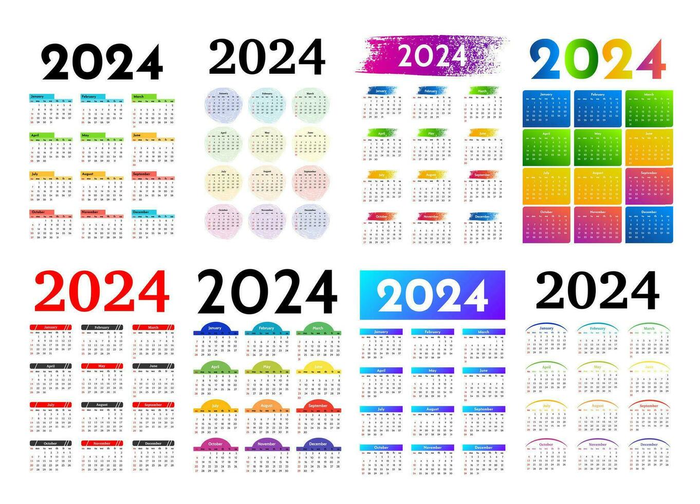 impostato di otto verticale calendari per 2024 isolato su un' bianca sfondo. Domenica per lunedì, attività commerciale modello. vettore illustrazione