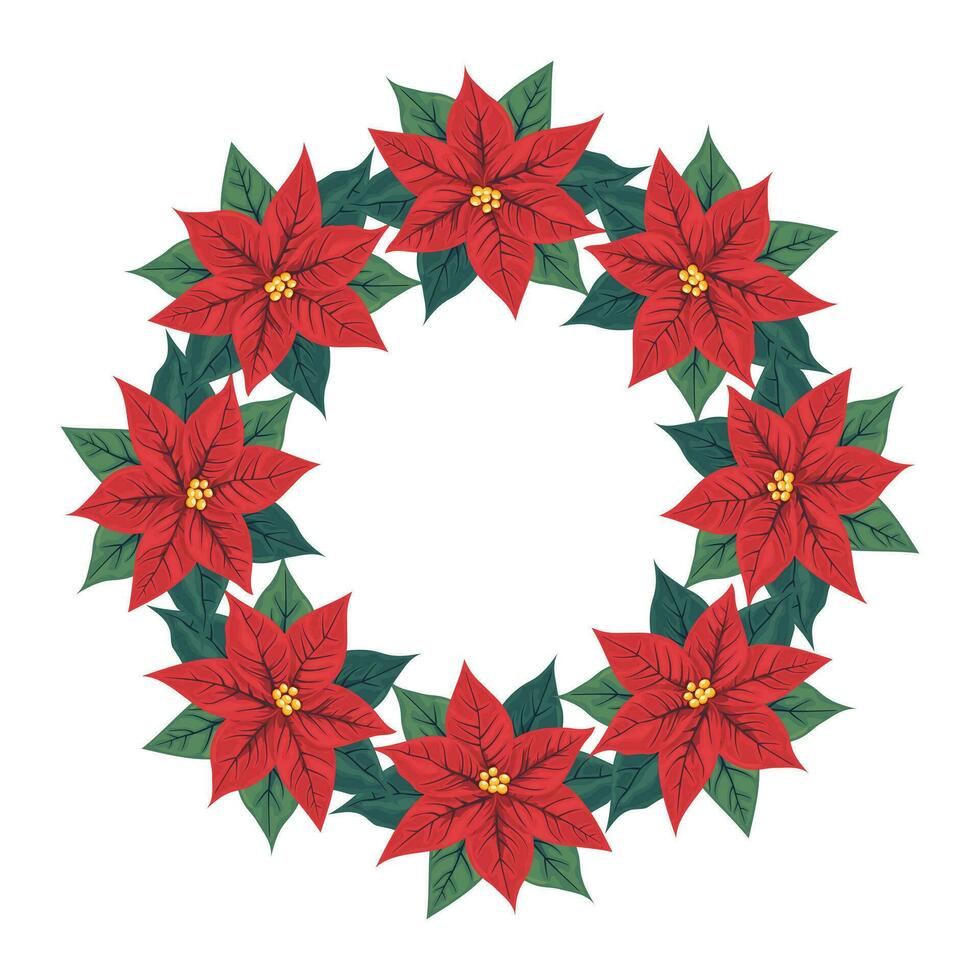 decorativo Natale o nuovo anno ghirlanda di rosso fiori poinsettia con verde le foglie. isolato floreale arredamento per saluto carta disegno, invito, vacanza sfondo. vettore illustrazione.