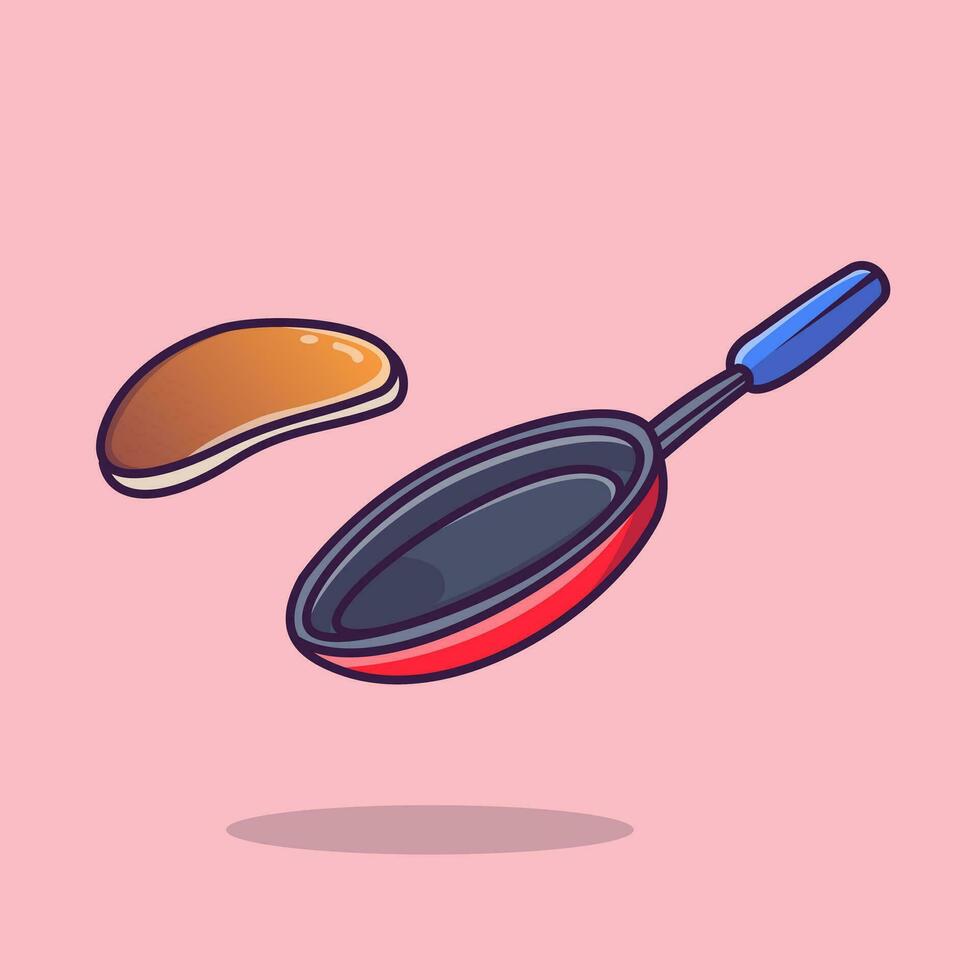 pancake galleggiante con padella cartone animato vettore icona illustrazione. cibo oggetto icona concetto isolato premio vettore. piatto cartone animato stile