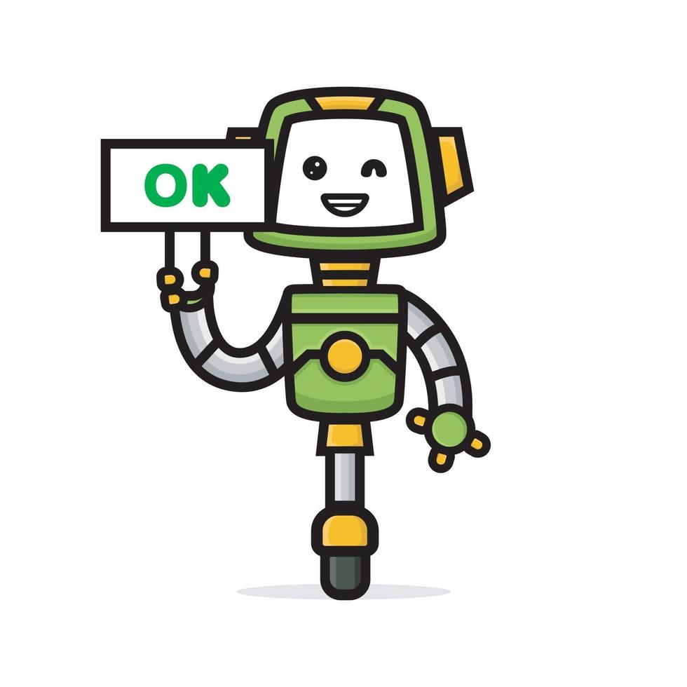 cartone animato di un simpatico robot che tiene il cartello ok? vettore