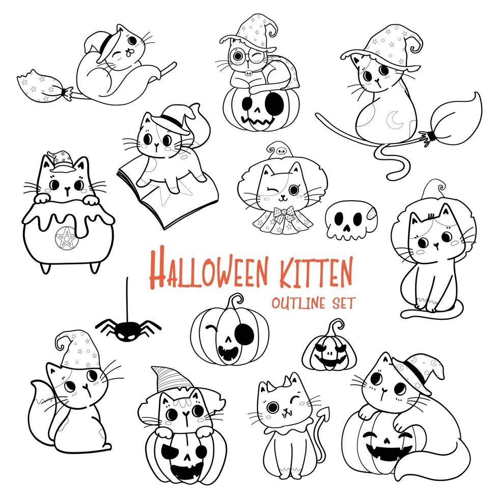simpatico gatto di halloween cartone animato contorno doodle set vettore pagina da colorare