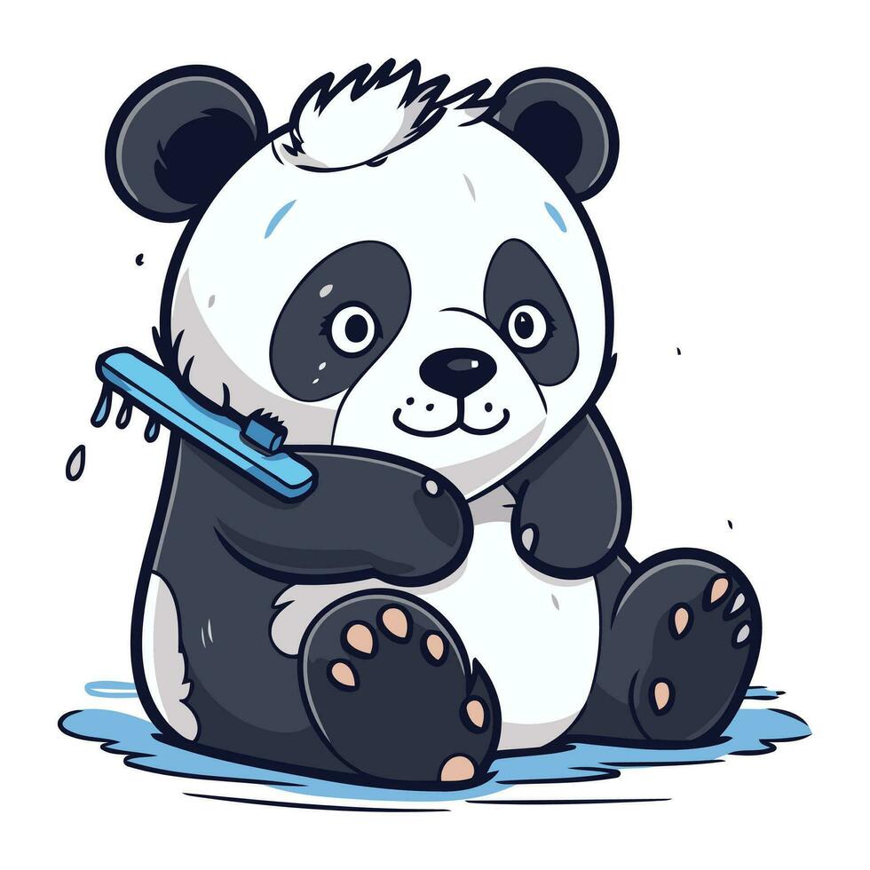 carino panda con pettine nel il suo mano. vettore illustrazione.