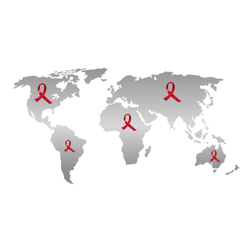 mappa del mondo con set di nastri di consapevolezza del giorno di aids vettore
